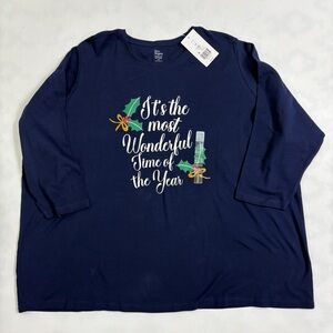 Kim Rogers Christmas Holiday Top Women 4X Navy Blue 3/4 Sleeve Festive Shirt NWT